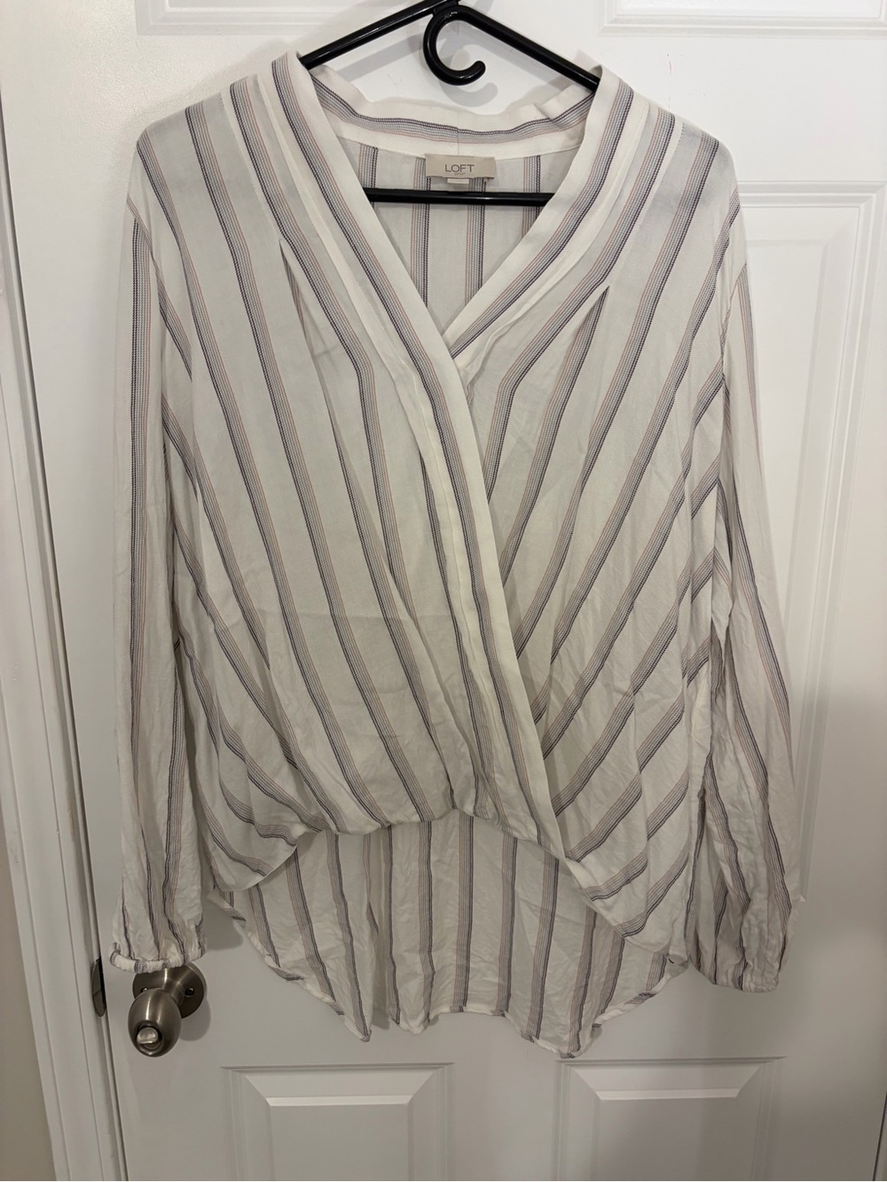 LOFT Cream Striped Wrap-Front Tunic with Gray and Mauve Stripes - Large